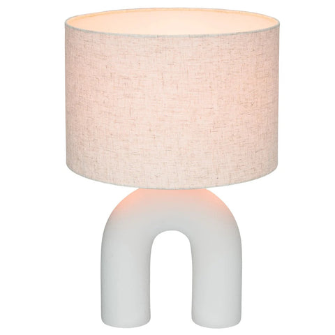 Kai Ceramic Arch Table Lamp White with Natural Linen Drum Shade